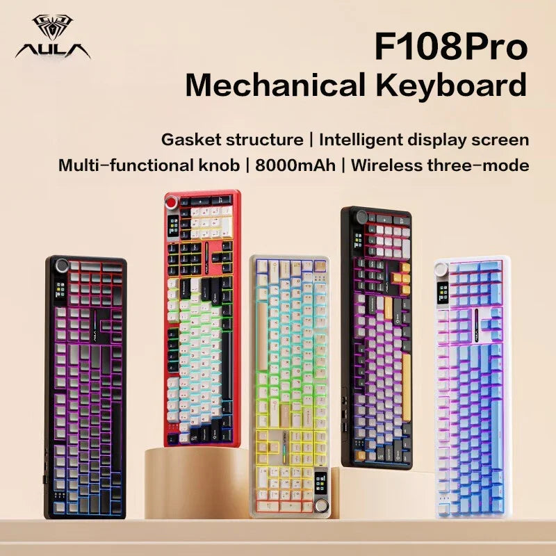 AULA F108 Pro mechanical keyboard 100& layout Bluetooth 2.4G wired gaming keyboard With hot-swappable gasket structure RGB light