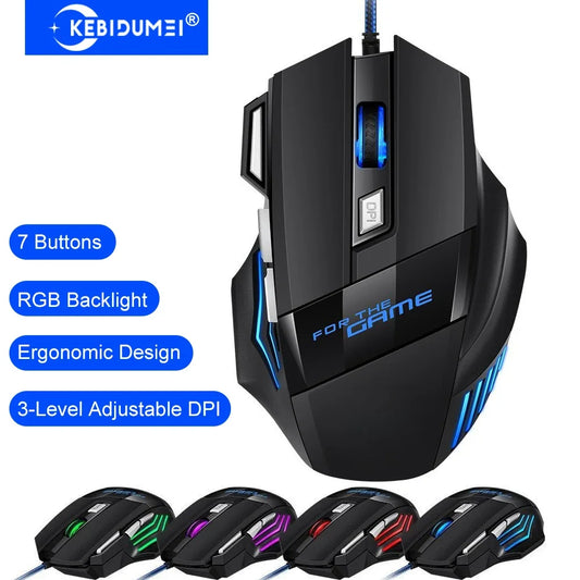 Mouse de gaming cu fir KEBIDUMEI, 7 butoane, iluminare RGB, mouse USB ergonomic, 2400 DPI, 3 niveluri DPI, pentru PC, laptop, Windows, Mac OS