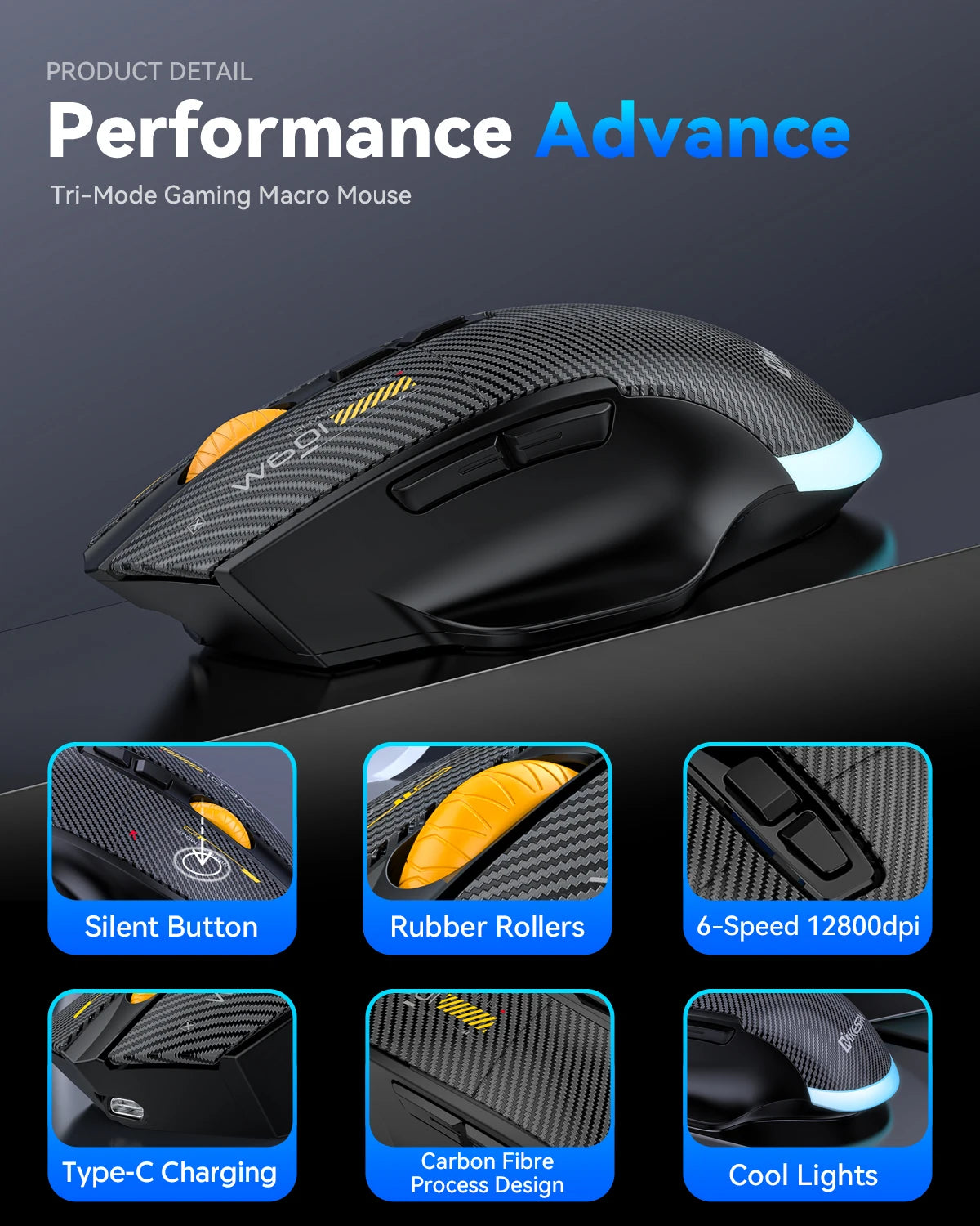 12800 DPI 2.4G Wireless Bluetooth Wired Tri-mode Mouse Mute Button Macro Programming Carbon Fiber Gaming Mouse 500mAh 7 Keys