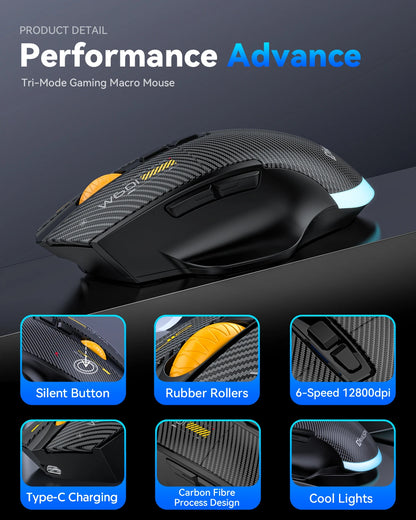 12800 DPI 2.4G Wireless Bluetooth Wired Tri-mode Mouse Mute Button Macro Programming Carbon Fiber Gaming Mouse 500mAh 7 Keys