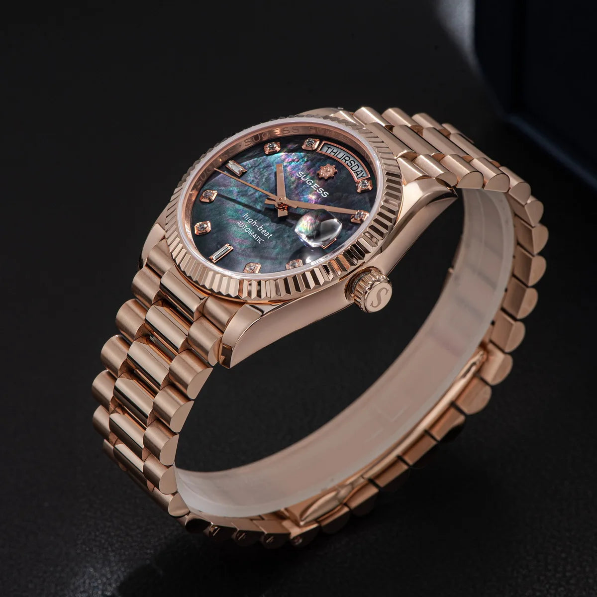 Sugess 36mm Mens of Watch Automatic Dandong Peacock SL3034 Day Movement Sapphire Glass 100m Waterproof Wristwatches MOP Date New