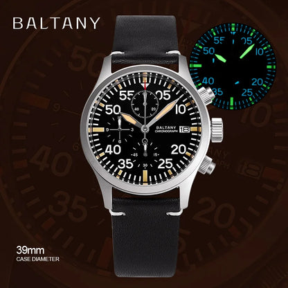 Baltany Quartz Chronograph S5045 Sunburst Blue Dial VK67 100M Stainless Steel Calendar Window Sapphire Vintage Military Watches