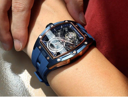 MINI FOCUS Orologio da polso da uomo fashion nero impermeabile, automatico meccanico, con lancette luminose, cinturino in silicone e quadrante tonneau