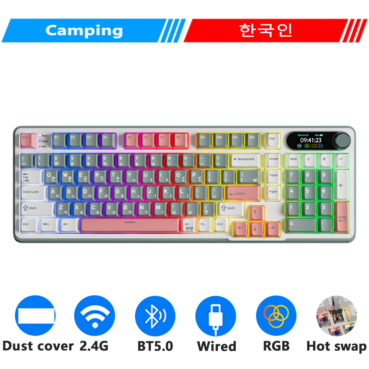 Clavier mécanique RK ROYAL KLUDGE S98 avec écran TFT en surface, 98 touches, RGB, BT 5.0/2,4 GHz/USB-C, clavier gaming sans fil, remplaçable à chaud
