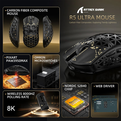ATTACK SHARK R5 Ultra Carbon Fiber kabellose Gaming-Maus, PixArt PAW3950MAX Gaming-Sensor, 42000DPI, 8000Hz, MCU Nordic 52840