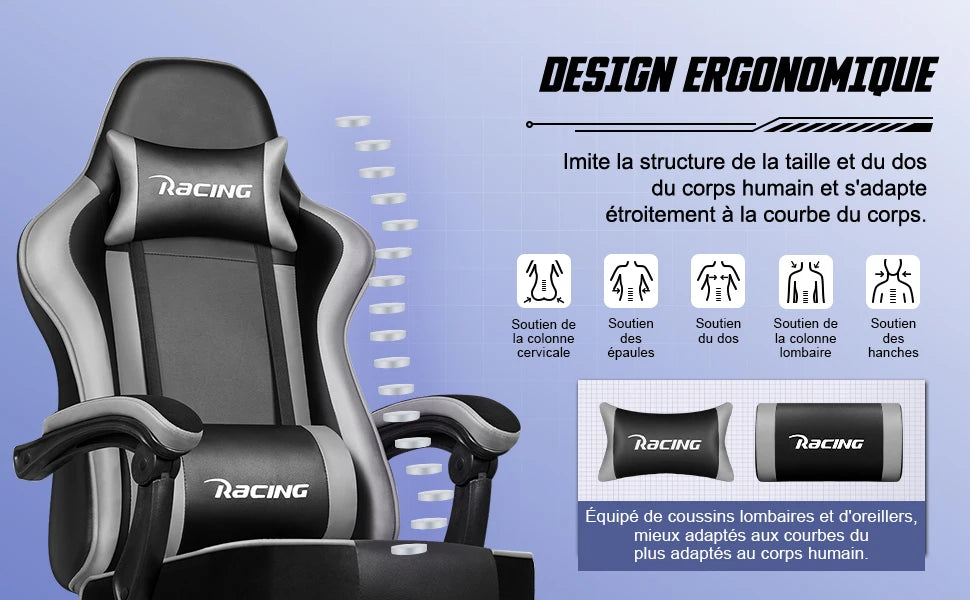 Daccormax Ergonomic Gaming Chair with Footrest, Reclining 170°, PU Leather Racing Chair with Lumbar Support and Headrest