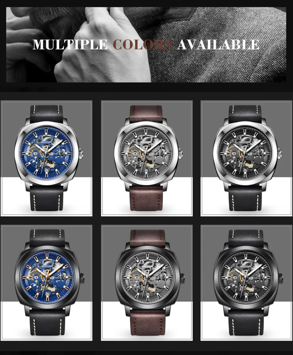 BENYAR Watch for Men Luxury Skeleton Tourbillon Automatic Mechanical Men's Watch 30M Waterproof Leather Strap Sports Reloj Hombre