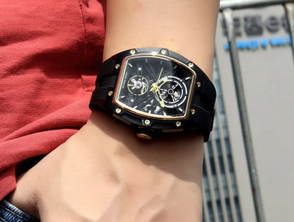 MINI FOCUS Orologio da polso da uomo fashion nero impermeabile, automatico meccanico, con lancette luminose, cinturino in silicone e quadrante tonneau