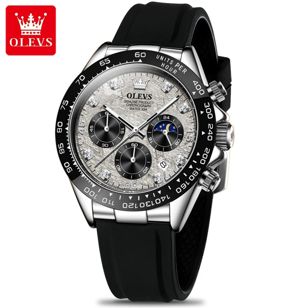 Montre à quartz pour homme OLEVS 2875 – Chronographe de marque de luxe, bracelet en silicone, date automatique, étanche, phase de lune, style sportif