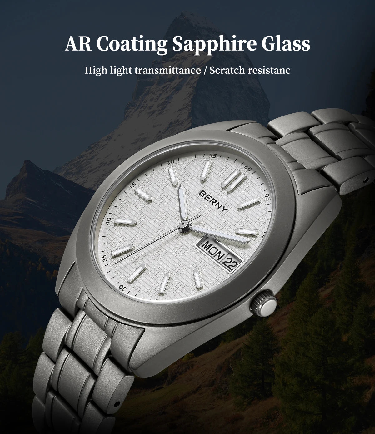 BERNY Full Titanium Men Watch Date Week Quartz Watches Calendar Sapphire Super Luminous 100M Waterproof Lightweight Wristwatch