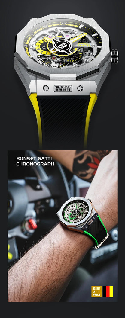 BONEST GATTI BG7601 Men Automatic Mechanical Watch Sapphire Crystal Waterproof Luminous Rubber Strap Wristwatch