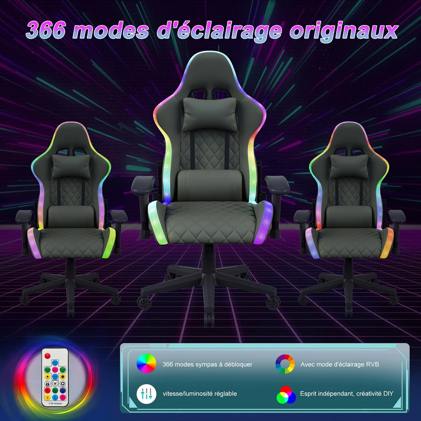 Office Chair, LED gaming chair with ergonomically adjustable backrest, PU leather office chair, lumbar support cushion & pillow