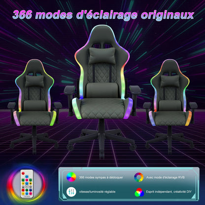 Office Chair, LED gaming chair with ergonomically adjustable backrest, PU leather office chair, lumbar support cushion & pillow
