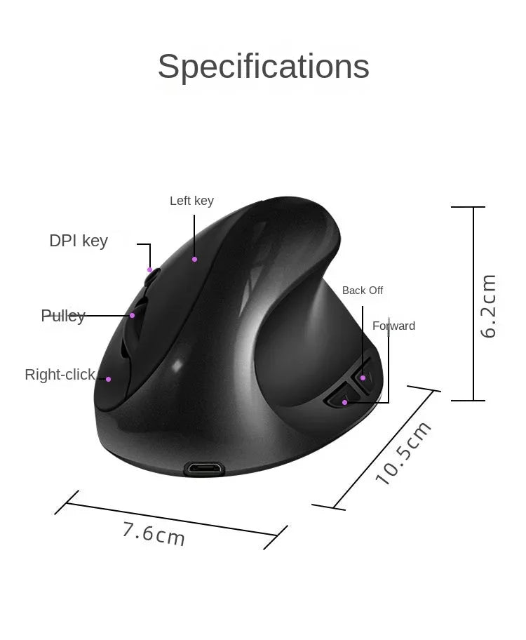 Mouse vertical ergonomic wireless reîncărcabil BTS-908, foarte popular, cu receptor USB 2.4G, DPI reglabil 1600 și 6 butoane