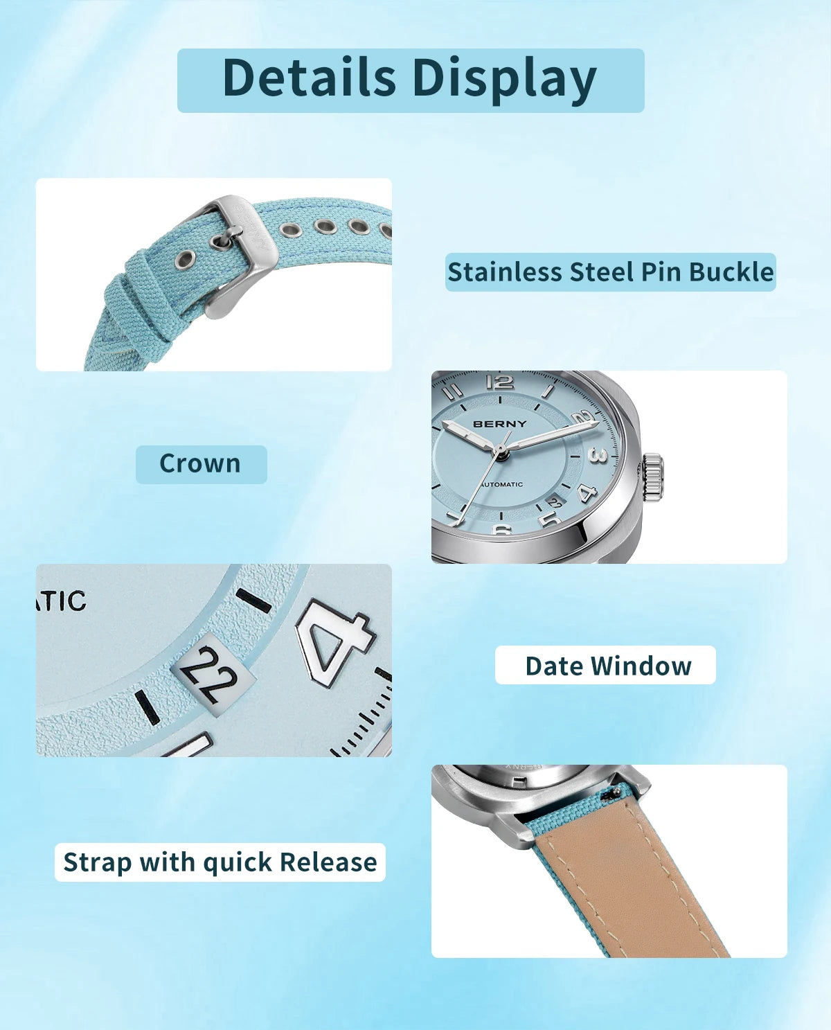 BERNY Mechanical Watch For Women Self-wind Pillow Cushion Sapphire Super Luminous Wristwatch Canvas Calendar Watch For Ladies
