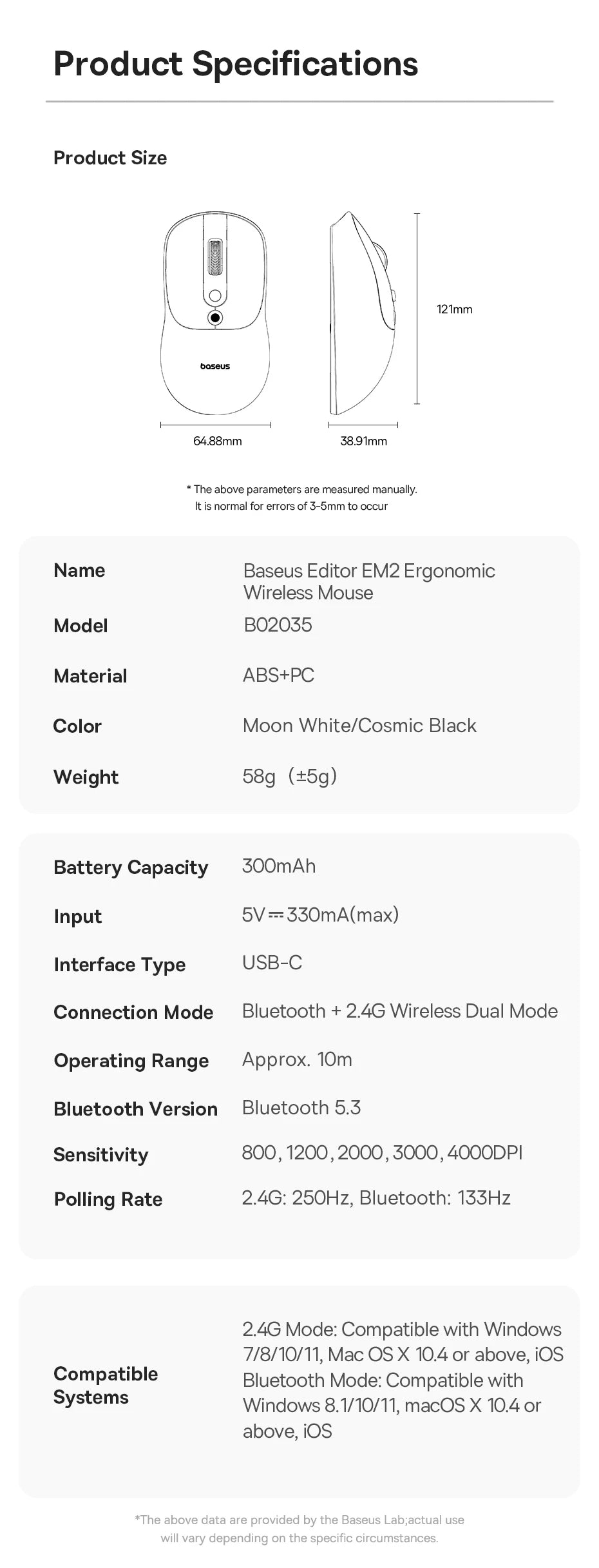 【NOVO】Baseus EM2 ergonomski bežični miš Bluetooth 5.3 2.4G, Type-C punjenje, ultra lagan, tih, s prilagodljivim tipkama