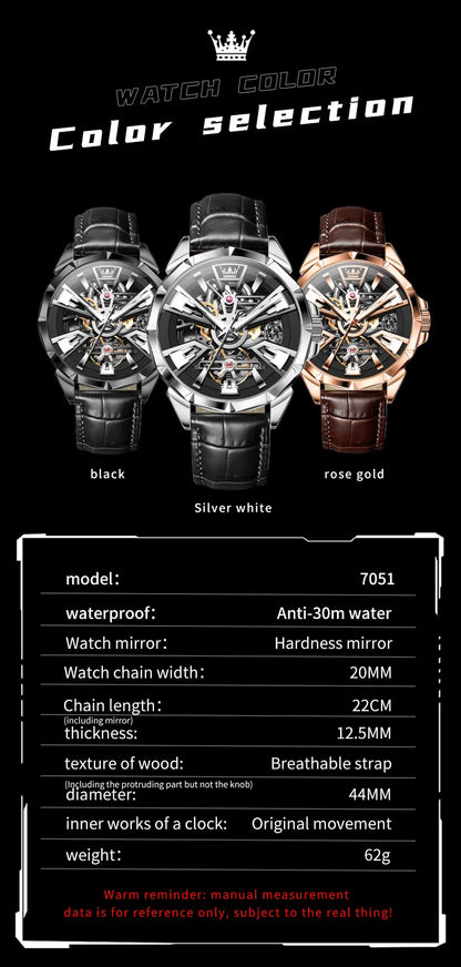 OLEVS 7051 Fashion Men's Watch Leather Strap 30M Waterproof Hollow HD Luminous Automatic Mechanical Wristwatch for Men