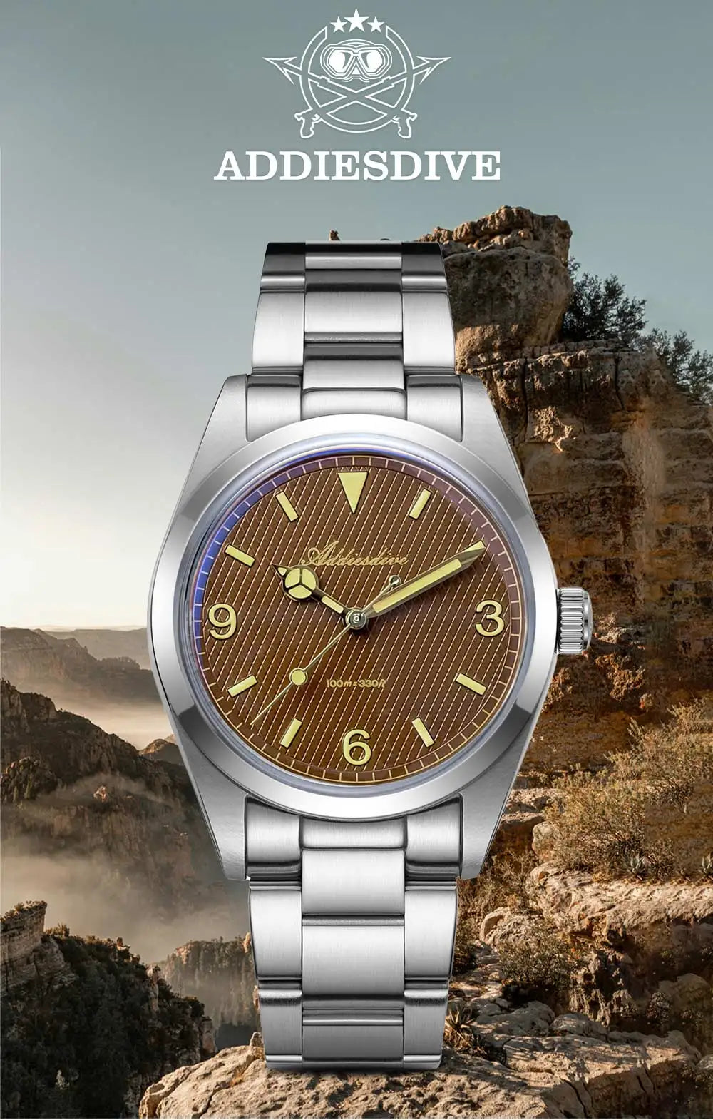 ADDIESDIVE New Men's Analog Watch Bubble Mirror Glass 100m Luminous Men's Quartz Watches with Stainless Steel Bracelet AD2096