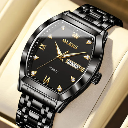 Muški sat OLEVS, luksuzni model u obliku tonneau, vrhunski kvarcni sat, vodootporan, s prikazom dana i datuma te luminescentnim kazaljkama.