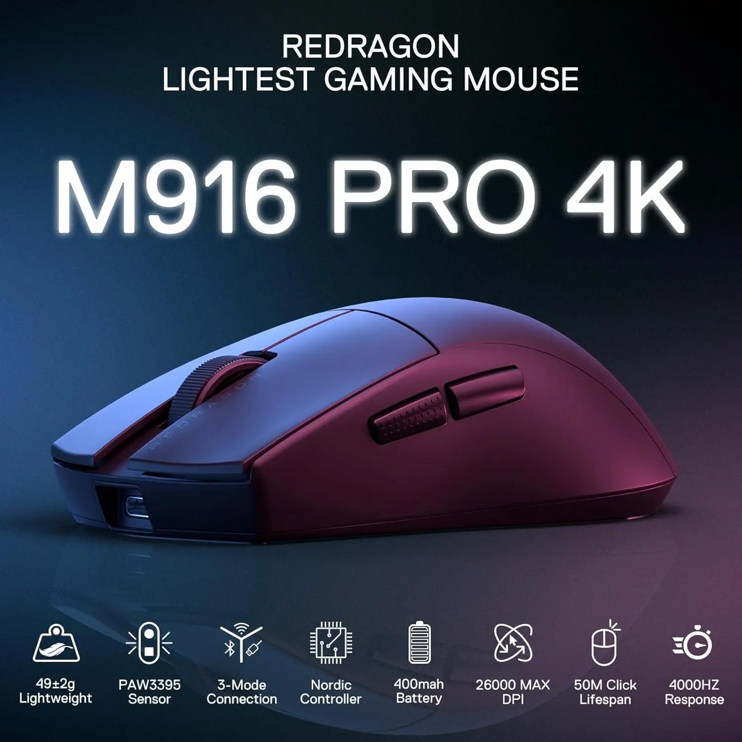 Mouse de gaming wireless Redragon M916 PRO 3-Mode, rată de polling Hype-Speed 4K, mouse gamer ultra-ușor de 49G, 26K DPI