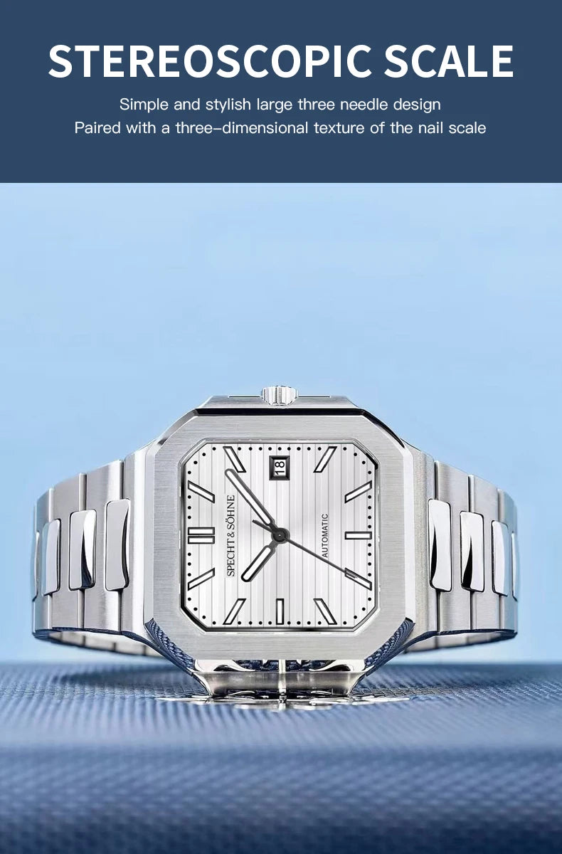 2025 Specht & Söhne Men's Classic Cubic Automatic Mechanical Watch 50M Waterproof Luminous Sapphire Crystal Reloj Hombre 41MM