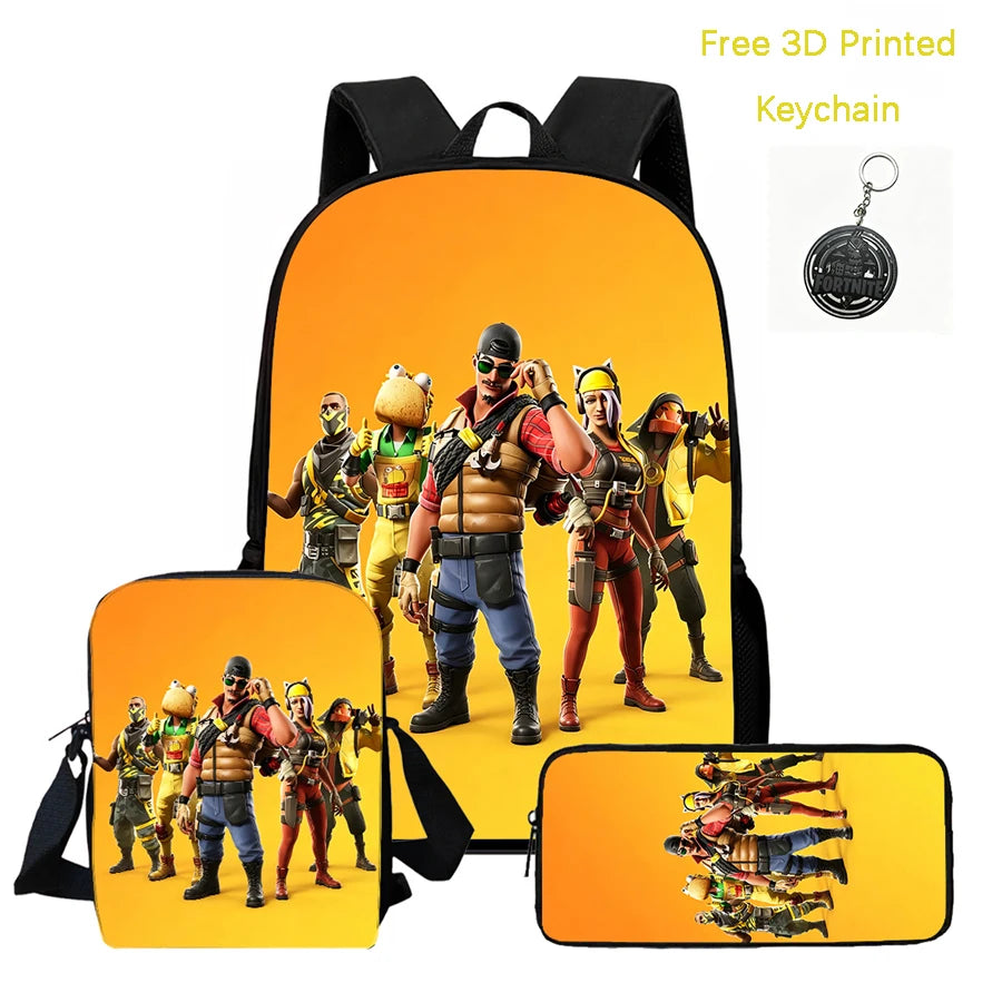 3Pcs Kids Backpack Set, Crossbody & Pencil Bag, FORTNITE Cartoon Bag, Lightweight for Boys and Girls Ages 5-10, Free 3D Printed Keychain