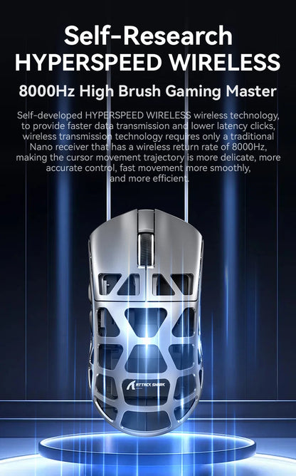 Mouse gaming ATTACK SHARK R3 din aliaj de magneziu cu design tip fagure, ultra-ușor, 8K Hz, senzor PAW3395, 26000 DPI, carcasă ergonomică