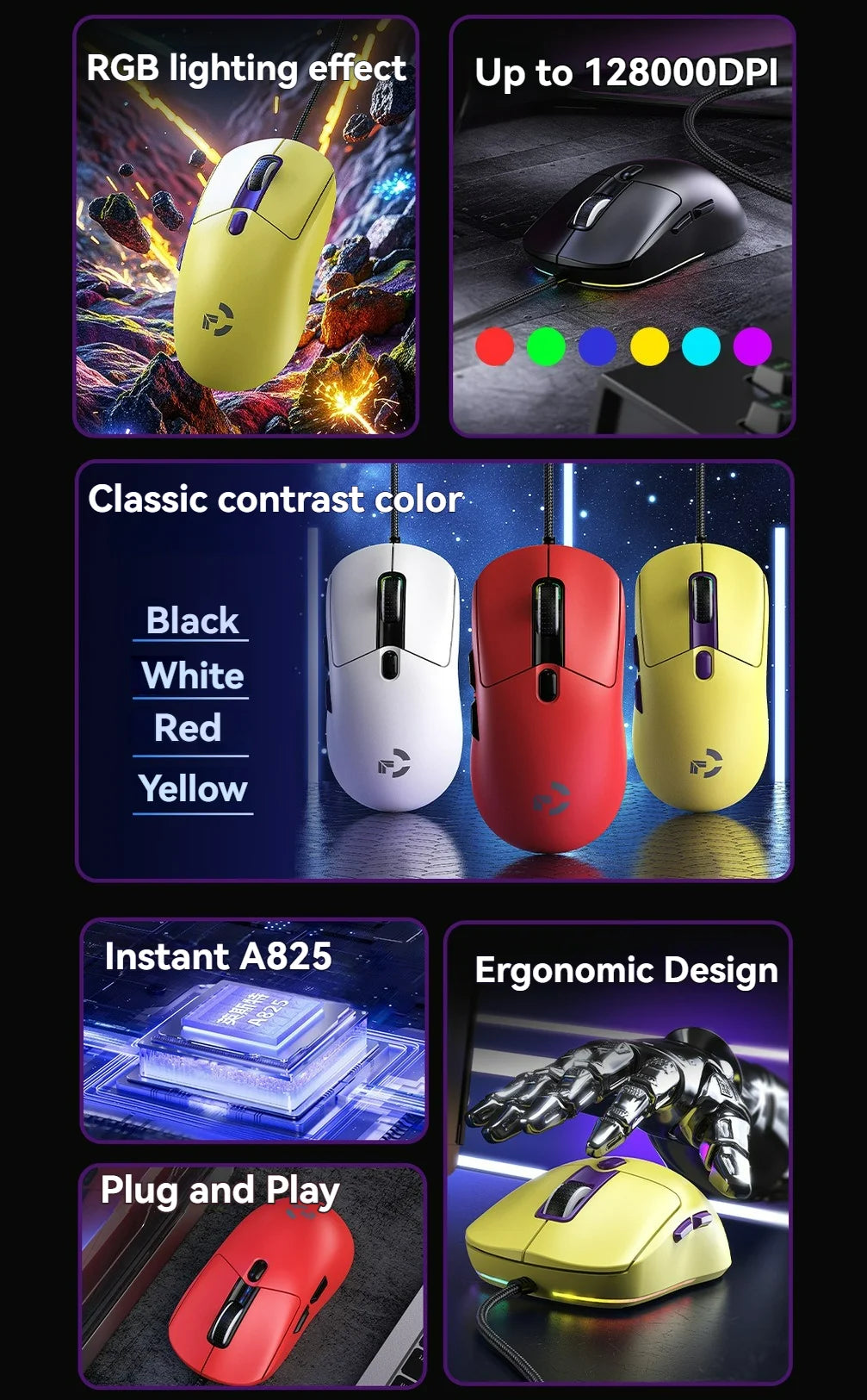 Mouse de gaming cu fir, 6 niveluri DPI ajustabile până la 12800DPI, cip Instant A825, iluminare RGB, programare macro, design ergonomic, mouse universal