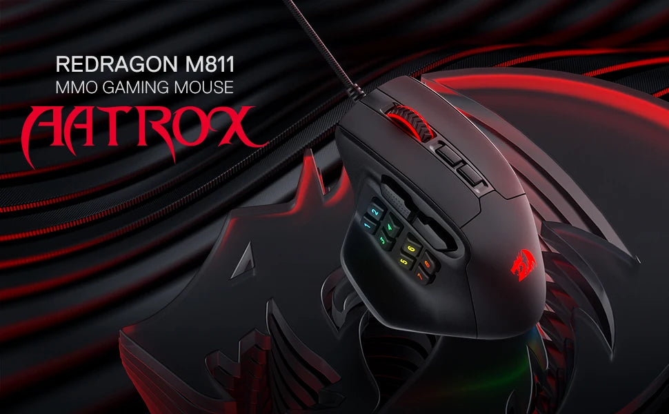 Redragon M811 Aatrox MMO igralna miška, žična RGB gamerska miška s 15 programabilnimi gumbi in ergonomsko naravno zasnovo oprijema