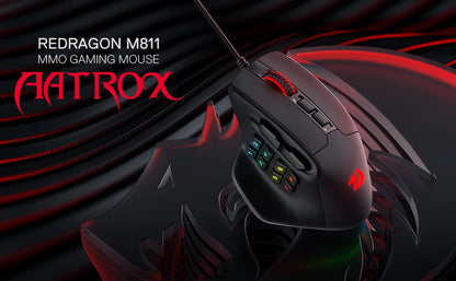 Redragon M811 Aatrox MMO igralna miška, žična RGB gamerska miška s 15 programabilnimi gumbi in ergonomsko naravno zasnovo oprijema