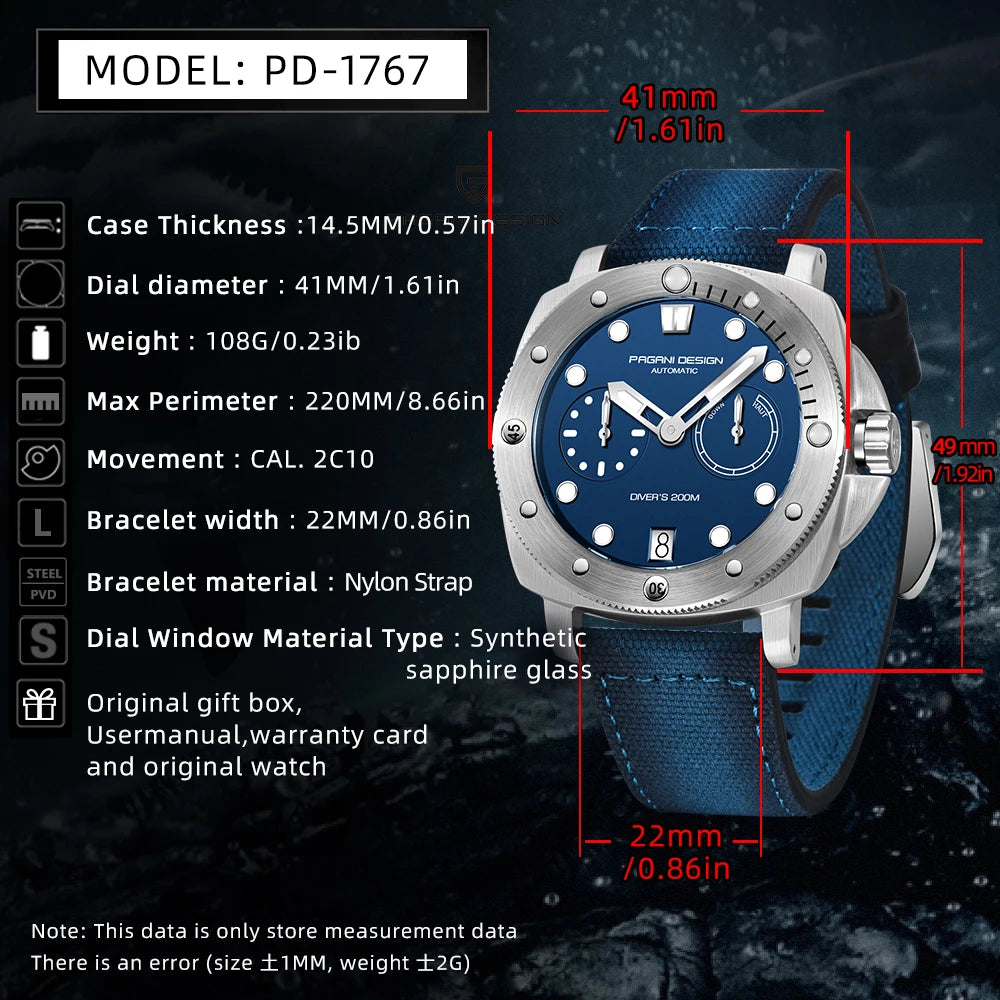 PAGANI DESIGN Men's Watches New Diver Automatic Mechanical Watch Sapphire Stainless Steel Sport 20 Bar Clock