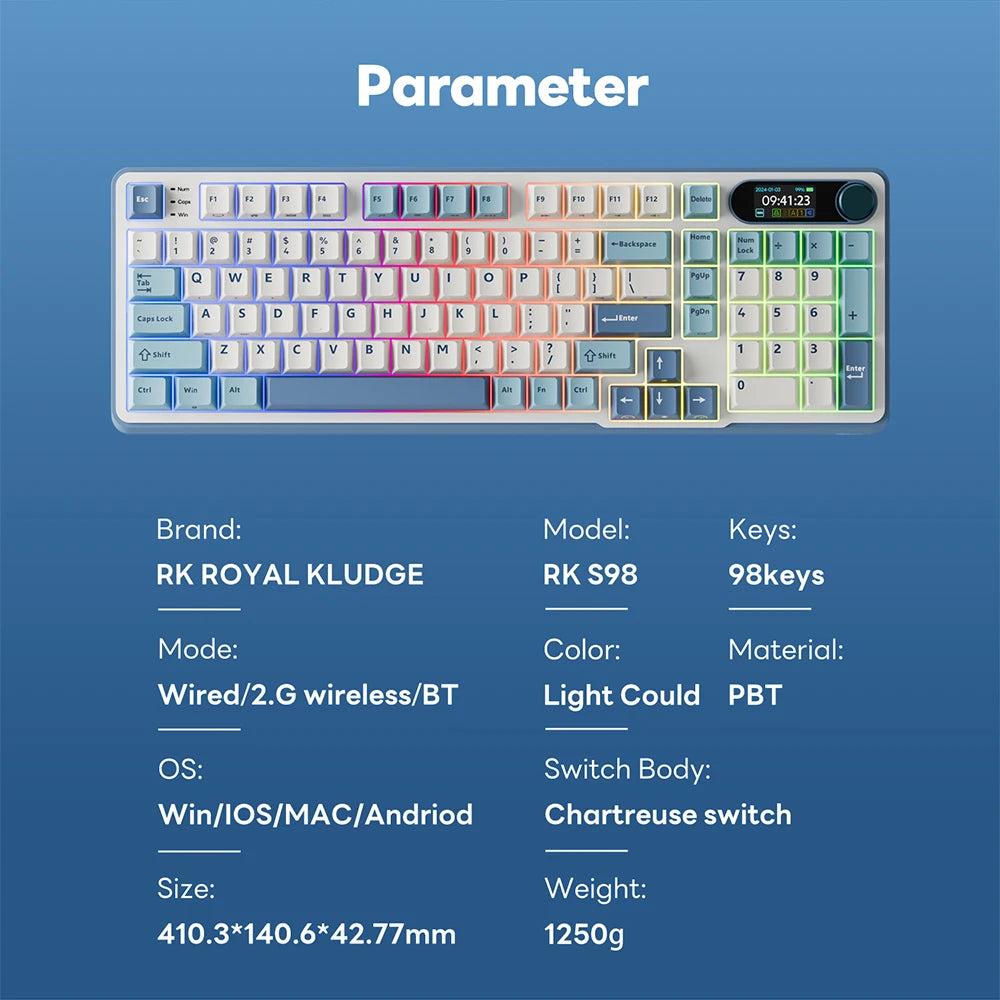 Clavier mécanique RK ROYAL KLUDGE S98 avec écran TFT en surface, 98 touches, RGB, BT 5.0/2,4 GHz/USB-C, clavier gaming sans fil, remplaçable à chaud
