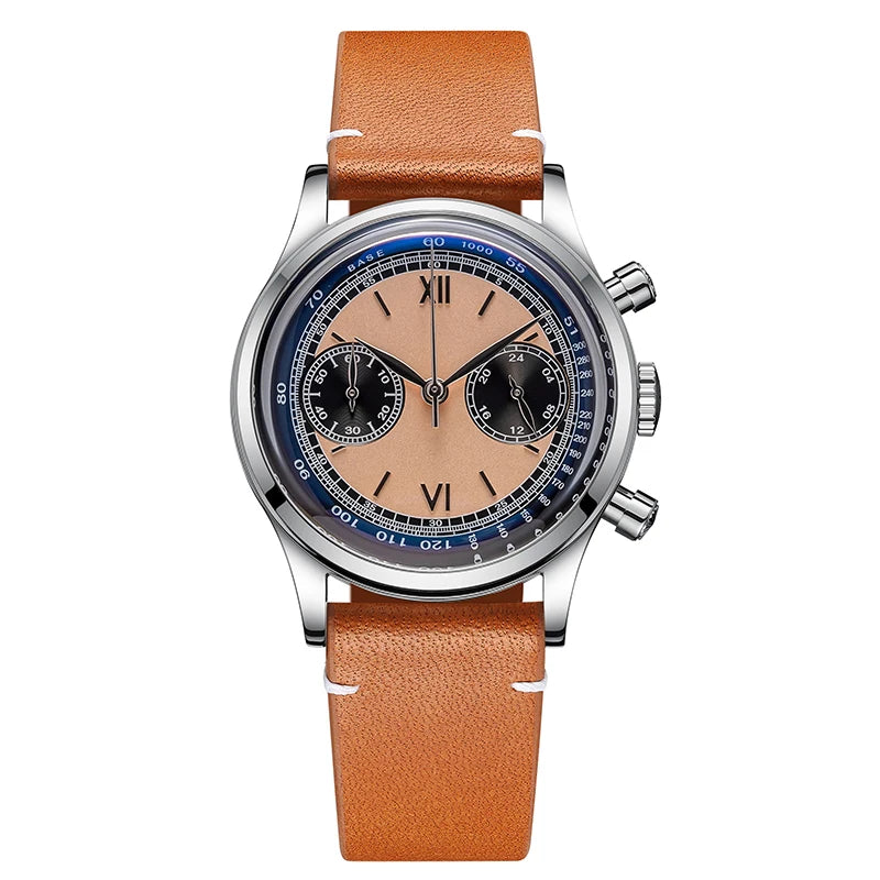 ADDIESDIVE AD2037 Men Quartz Watch Multifunctional 24 Hour Chronograph Black Dial Leather Watches  100m Dive Business Wristwatch