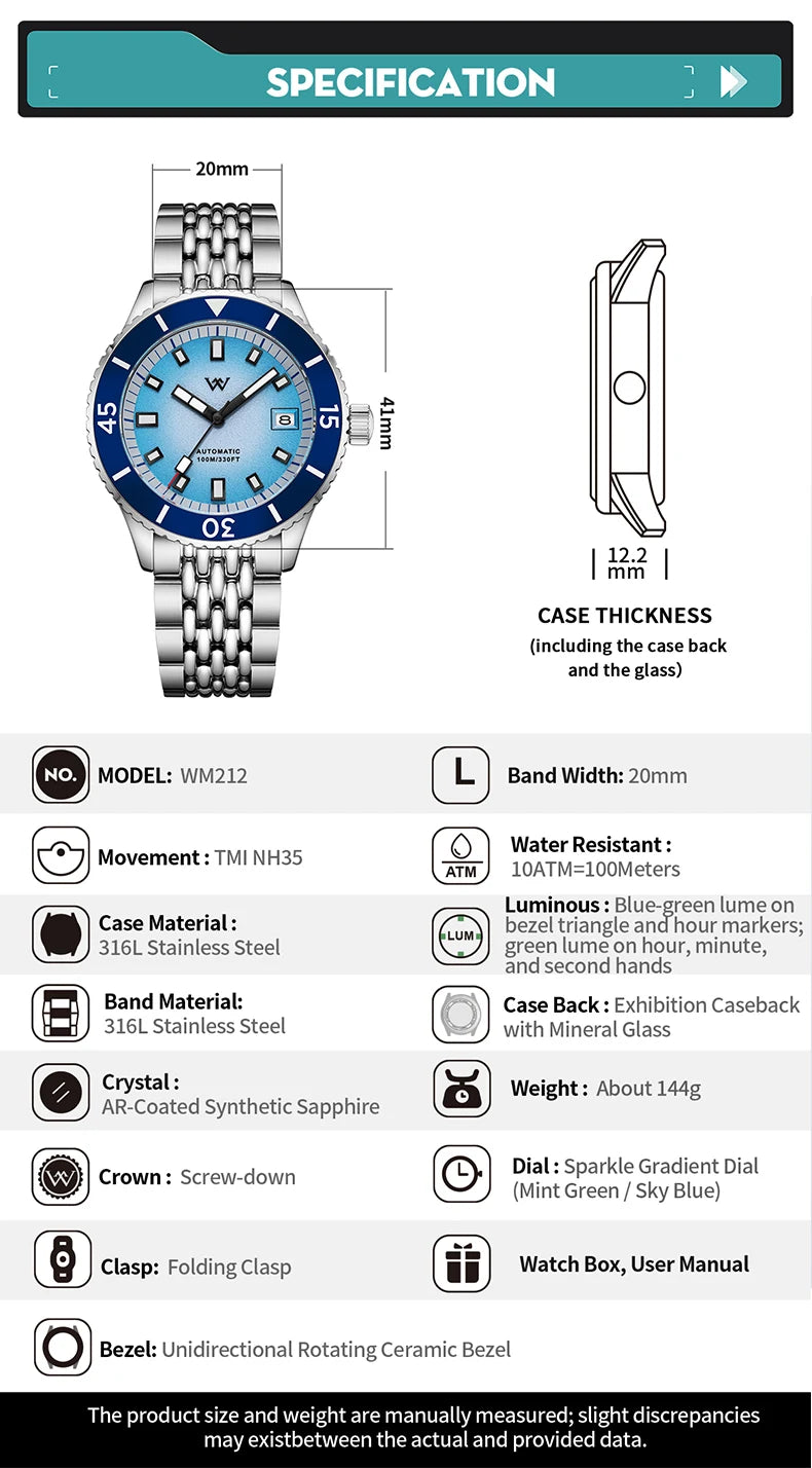 WM Watch Automatic Mechanical Diver Watches Men Sparkle Grain Gradient Dial Ceramic Bezel NH35 AR Coated Welly Merck Watch WM212