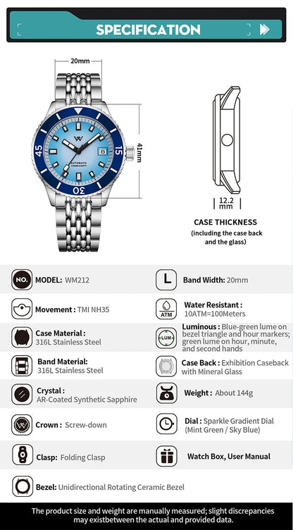 WM Watch Automatic Mechanical Diver Watches Men Sparkle Grain Gradient Dial Ceramic Bezel NH35 AR Coated Welly Merck Watch WM212