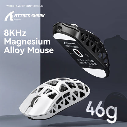 Mouse gaming ATTACK SHARK R3 din aliaj de magneziu cu design tip fagure, ultra-ușor, 8K Hz, senzor PAW3395, 26000 DPI, carcasă ergonomică