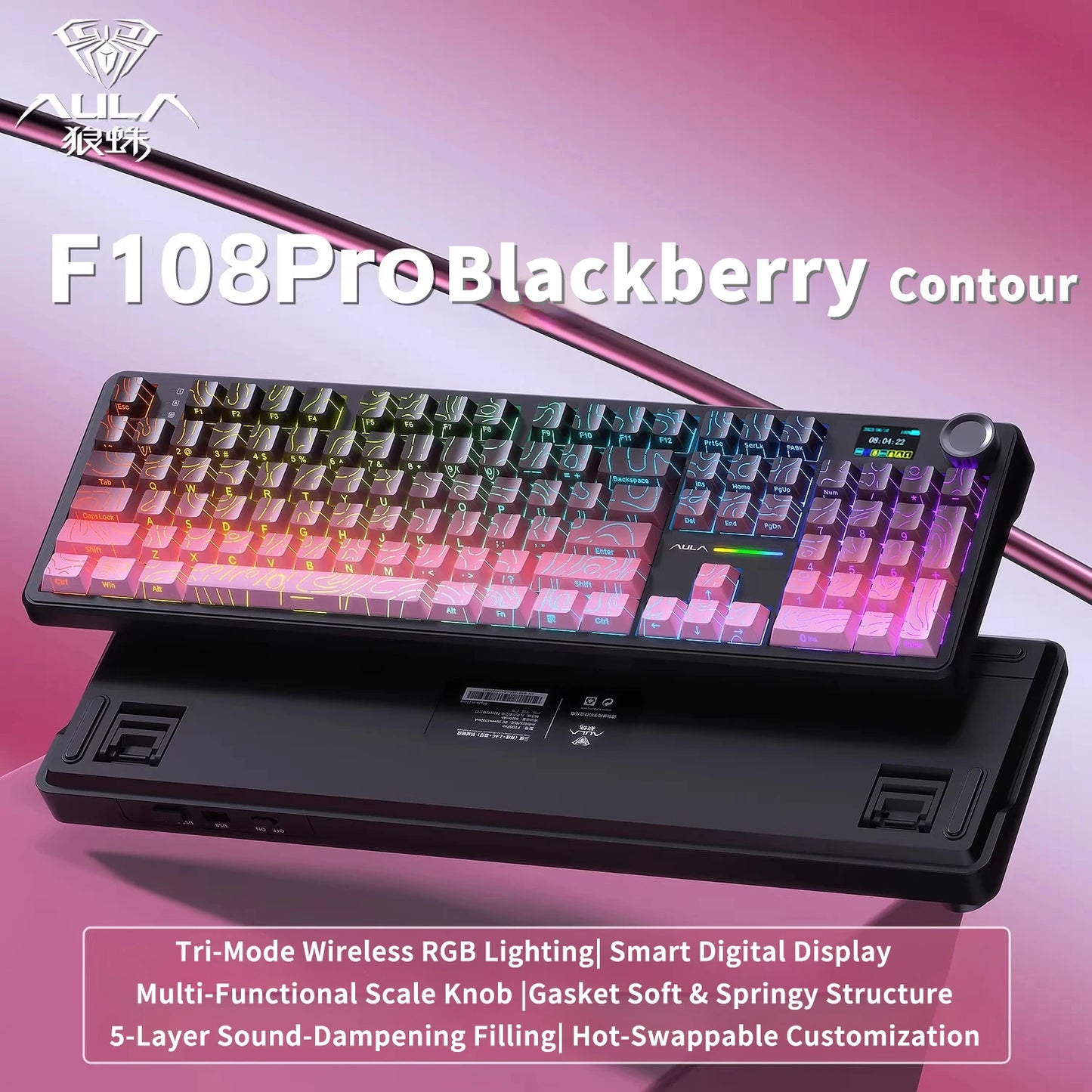 AULA F108 Pro mechanical keyboard 100& layout Bluetooth 2.4G wired gaming keyboard With hot-swappable gasket structure RGB light