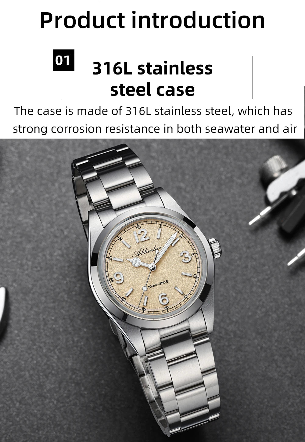 Relógio para homem ADDIESDIVE 36mm em destaque AD2518 com vidro espelhado convexo, aço inoxidável 316L, Reloj Hombre, 100m à prova de água, quartzo