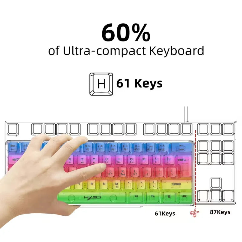 61-key fully transparent wired gaming keyboard with RGB backlight, ergonomic design, portable and ultra-compact 60% mini film ke
