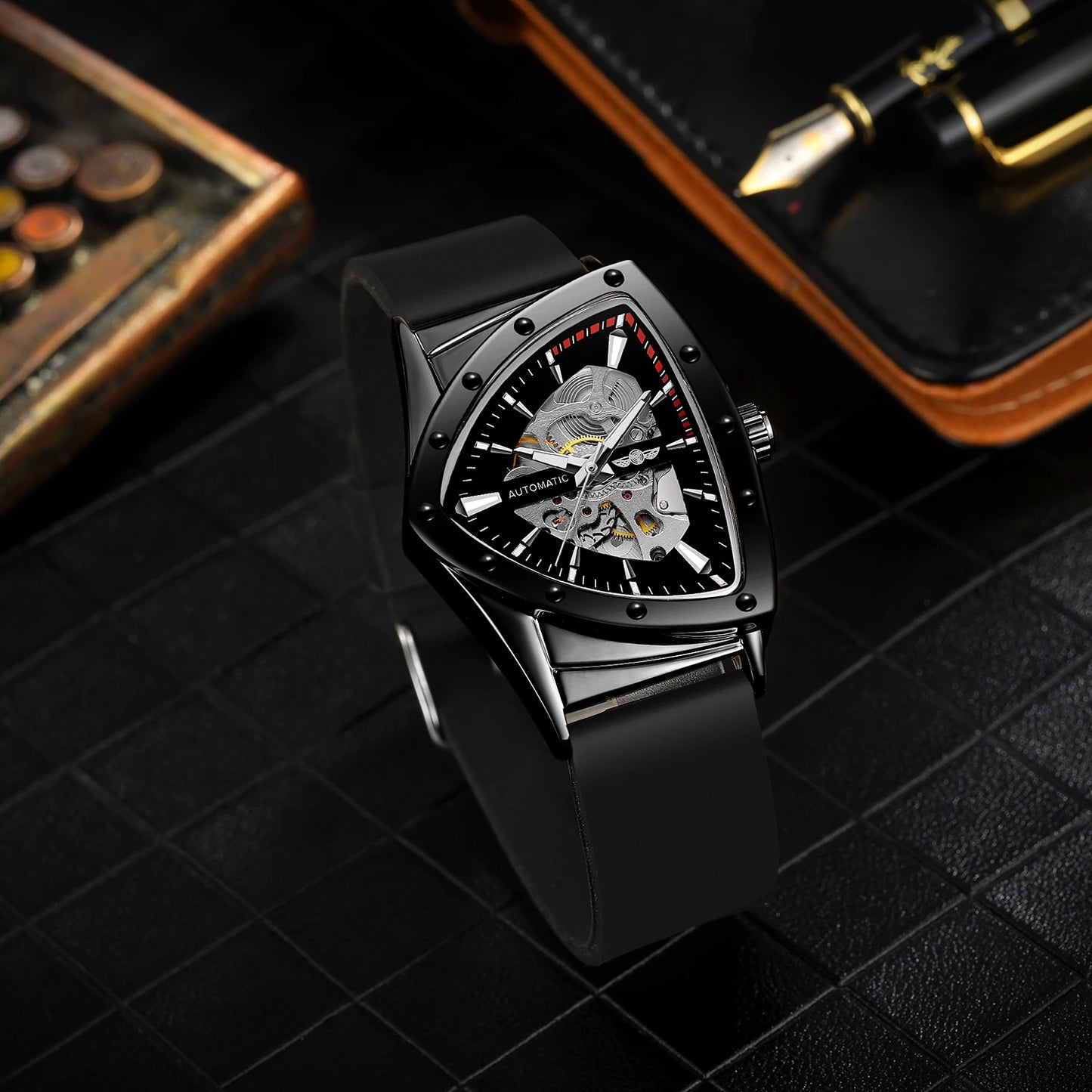 WINNER High Quality Watch for Men Triangle Steel Skeleton Mechanical Automatic Movement Clockwork Waterproof Rubber strap Wrist