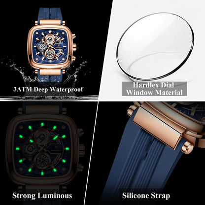 POEDAGAR Square Sport Man Wristwatch Date Waterproof Luminous Chronograph Watch For Men Silicone Strap Men's Quartz Watches Male
