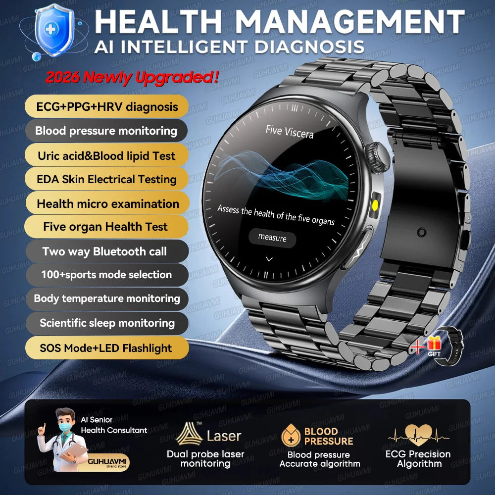 2026 AI Health Smartwatch ECG + PPG, Blood Pressure, Uric Acid & Body Fat Monitoring, AMOLED Display & Bluetooth Calling