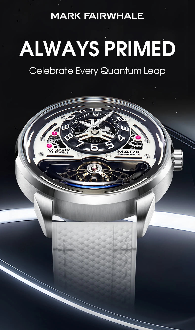 MARK FAIRWHALE Men's Automatic Watch Skeleton Dial Fluororubber Strap Waterproof Luxury Fashion Wristwatch