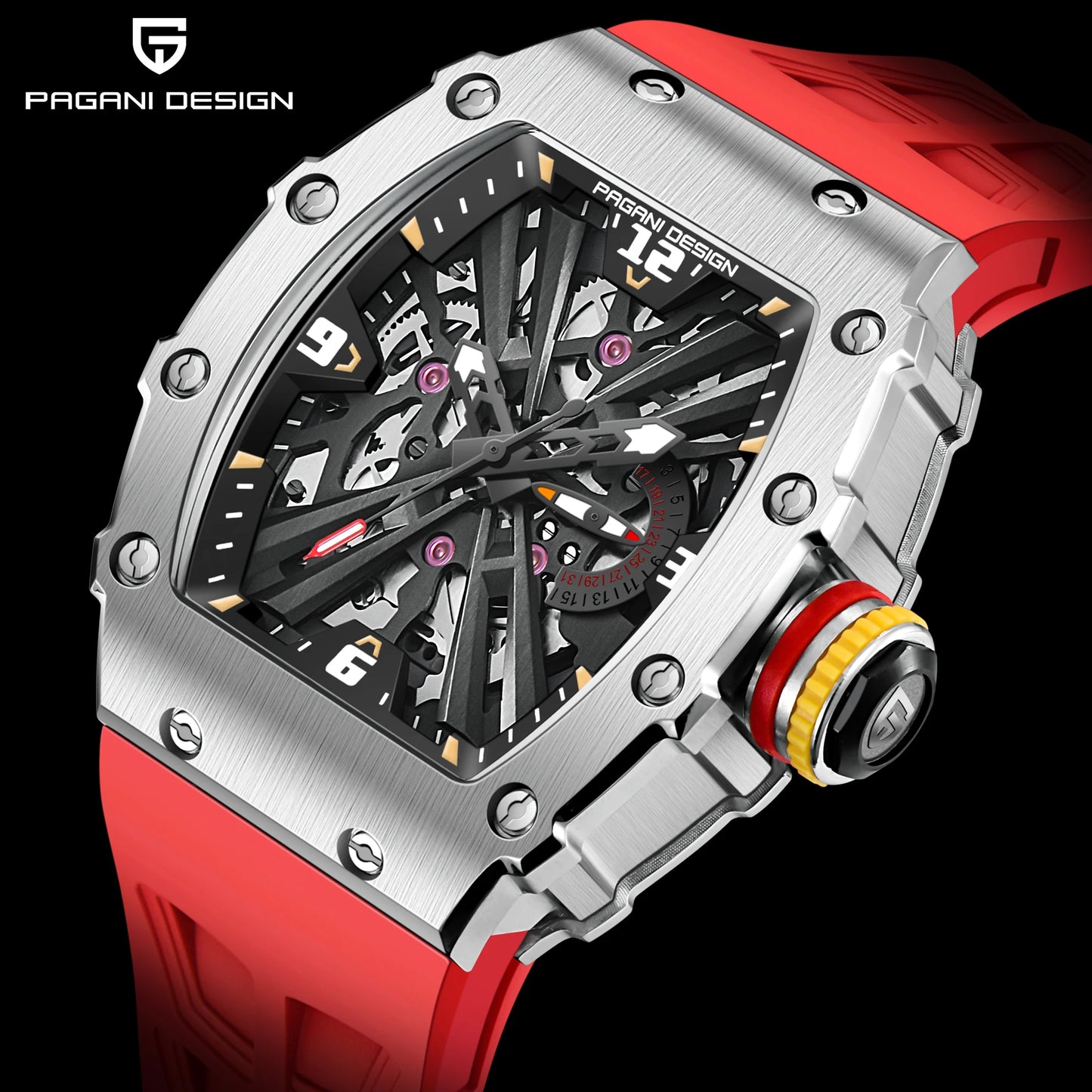 2026 Neue PAGANI DESIGN Herren-Quarzuhr VH65-Uhrwerk, Skeleton-Zifferblatt, 100M wasserdicht, sportliche rechteckige Uhr mit Saphirglas für Herren