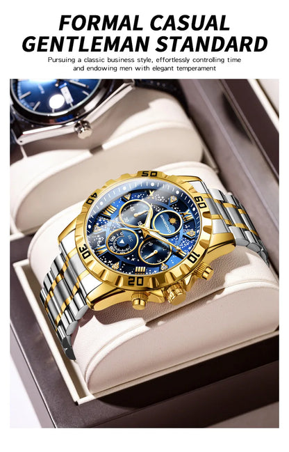 2026 Men Watch Light Luxury Business Steel Belt Moonphase Starry Night Light Waterproof Men's Fashion Quartz Clock Watches Gift
