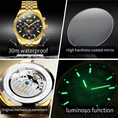 OLEVS 6688 Fashion Automatic Mechanical Men's Watch Moon Phase Dual Calendar Waterproof Luminous Luxury Business Watch for Man
