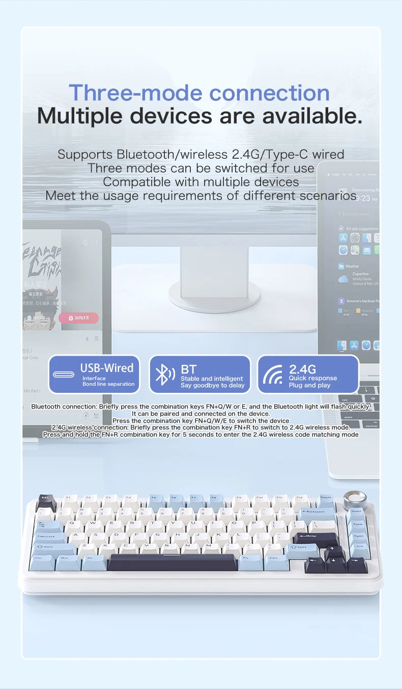 75% Hot Swap Gaming Keyboard Wireless FREEWOL F75 RGB Mechanical Keyboard with Metal Knobs AULA F75 Same Model,Tri-Mode,4000 mAh