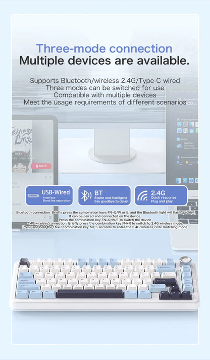75% Hot Swap Gaming Keyboard Wireless FREEWOL F75 RGB Mechanical Keyboard with Metal Knobs AULA F75 Same Model,Tri-Mode,4000 mAh