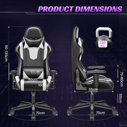 Ergonomic Gaming Chair Black & White Racing Style Office Chair with Adjustable Armrests, 155° Reclining, Swivel Computer Gaming Chair
