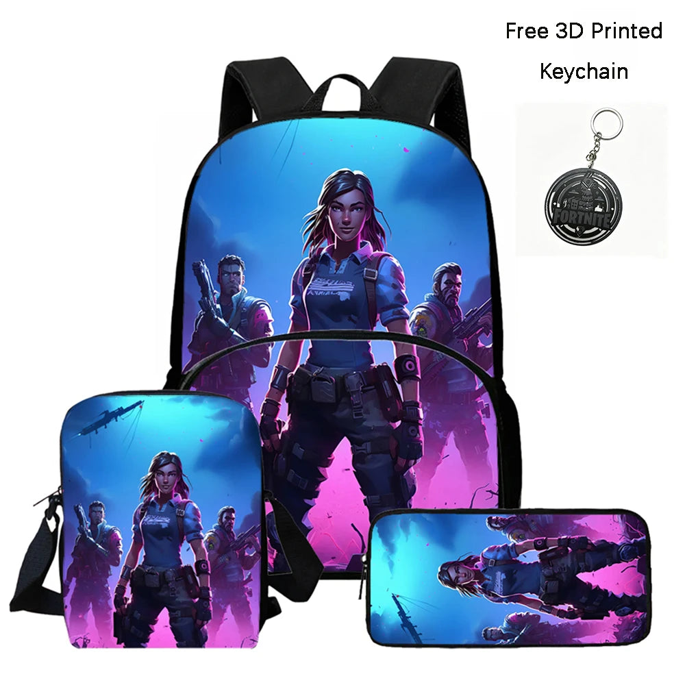 FORTNITE 3-teiliges Schulrucksack-Set, Umhängetasche mit Fronttasche und Federmäppchen, für Jungen und Mädchen von 5–10 Jahren, leicht, mit kostenlosem 3D-bedrucktem Schlüsselanhänger